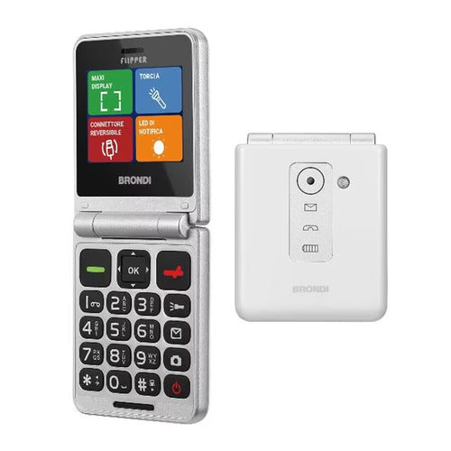 Brondi Flipper (Bianco) - Telefono Cellulare Per Anziani - Torcia - Fotocamera